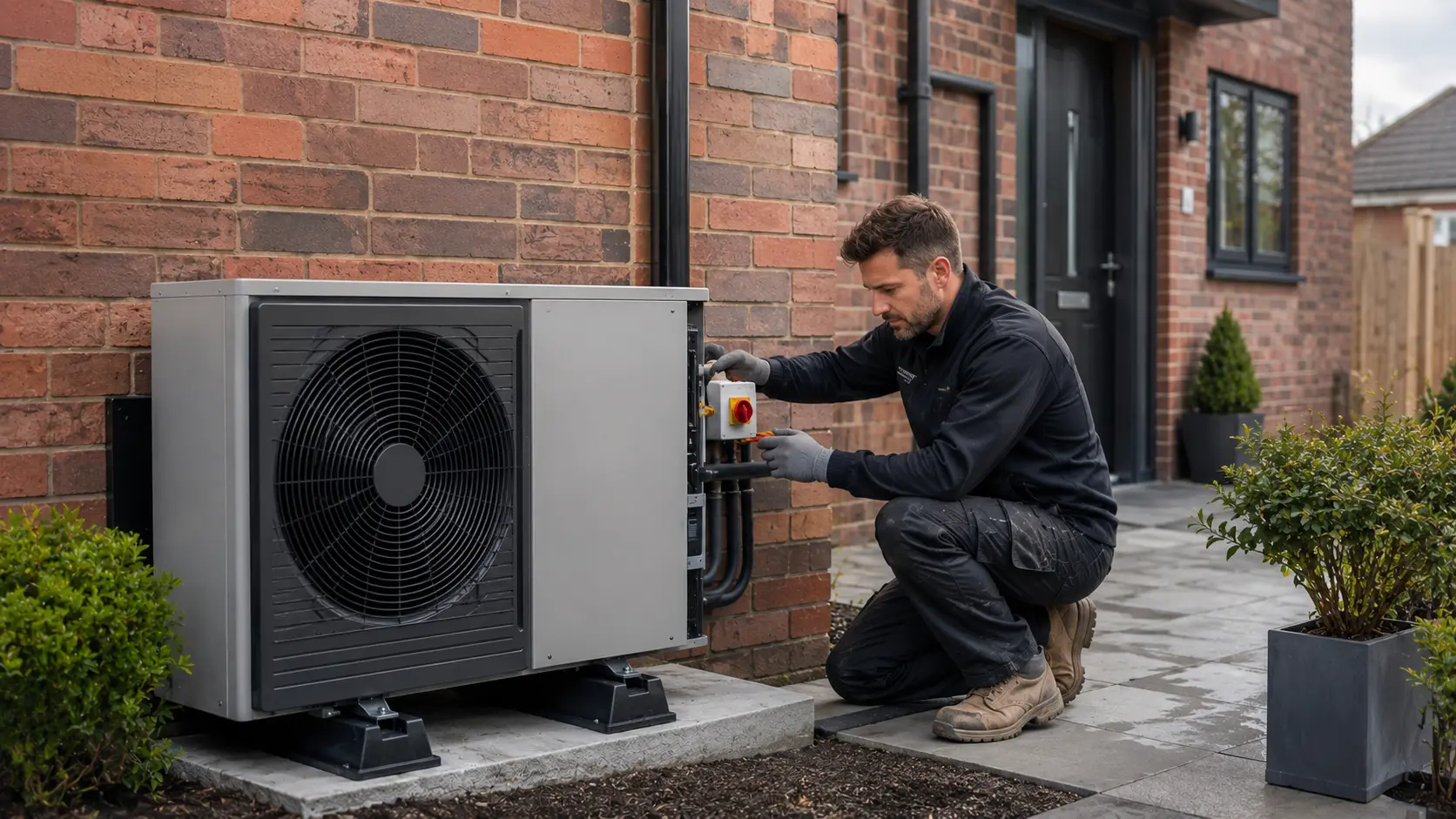 Engineer installing an Air Source Heat Pump in West Midlands
